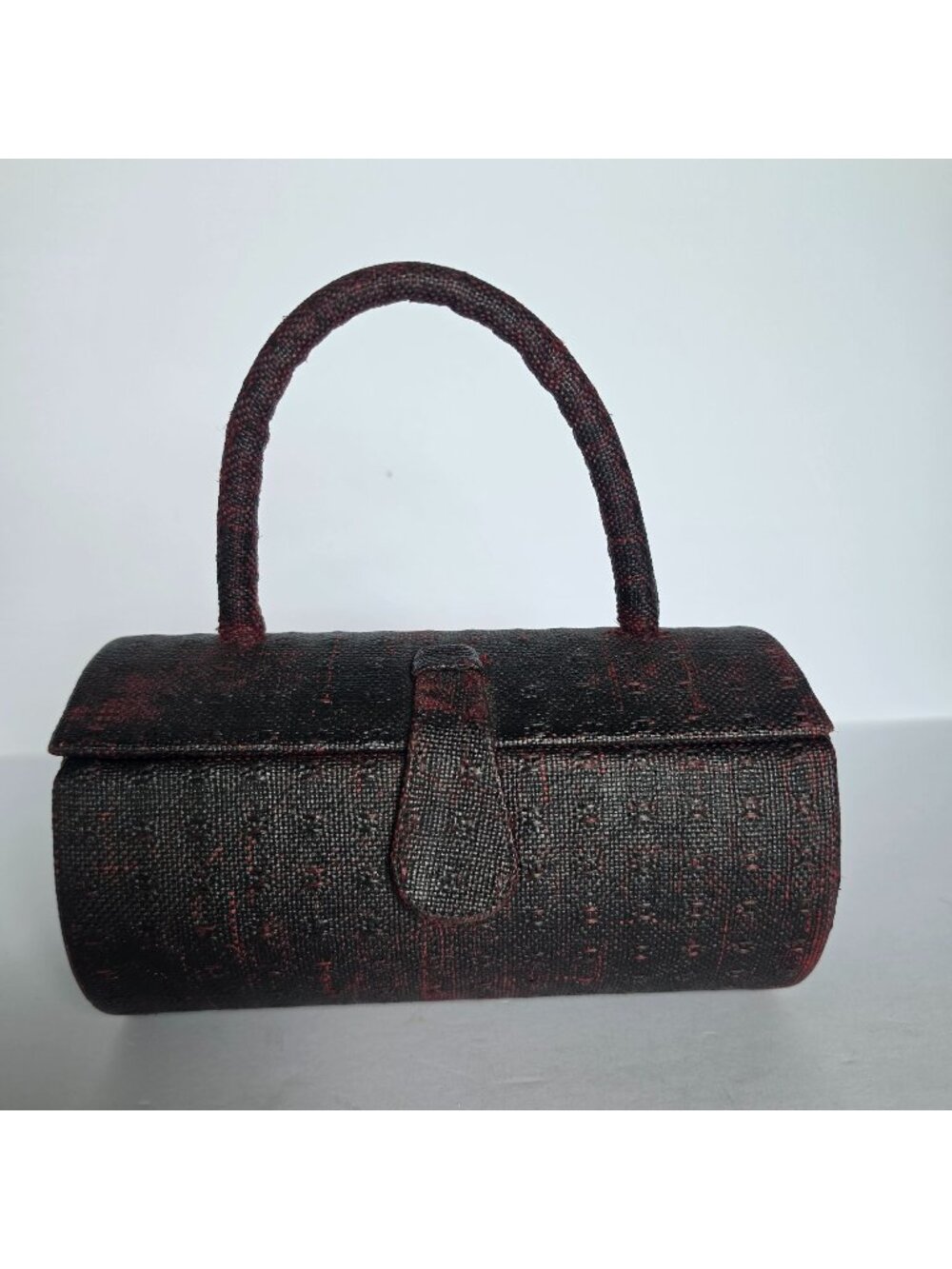 Vintage Theodor of California Black Burgundy Woven Barrel Top Handle Handbag